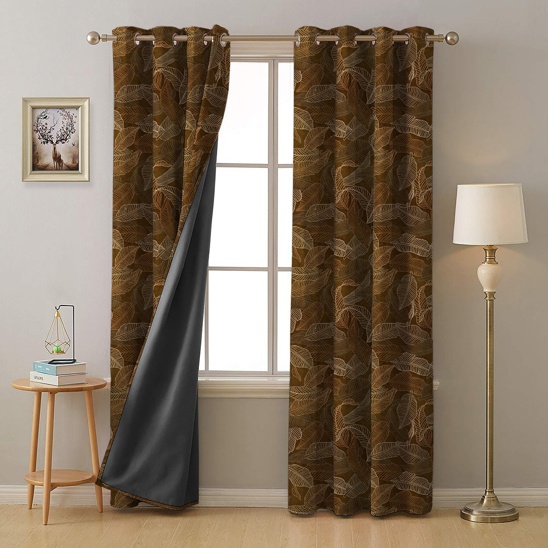 Leafy Silhouette Floral Charcoal Grey Heavy Satin Blackout curtains Set Of  2 - (DS470B)