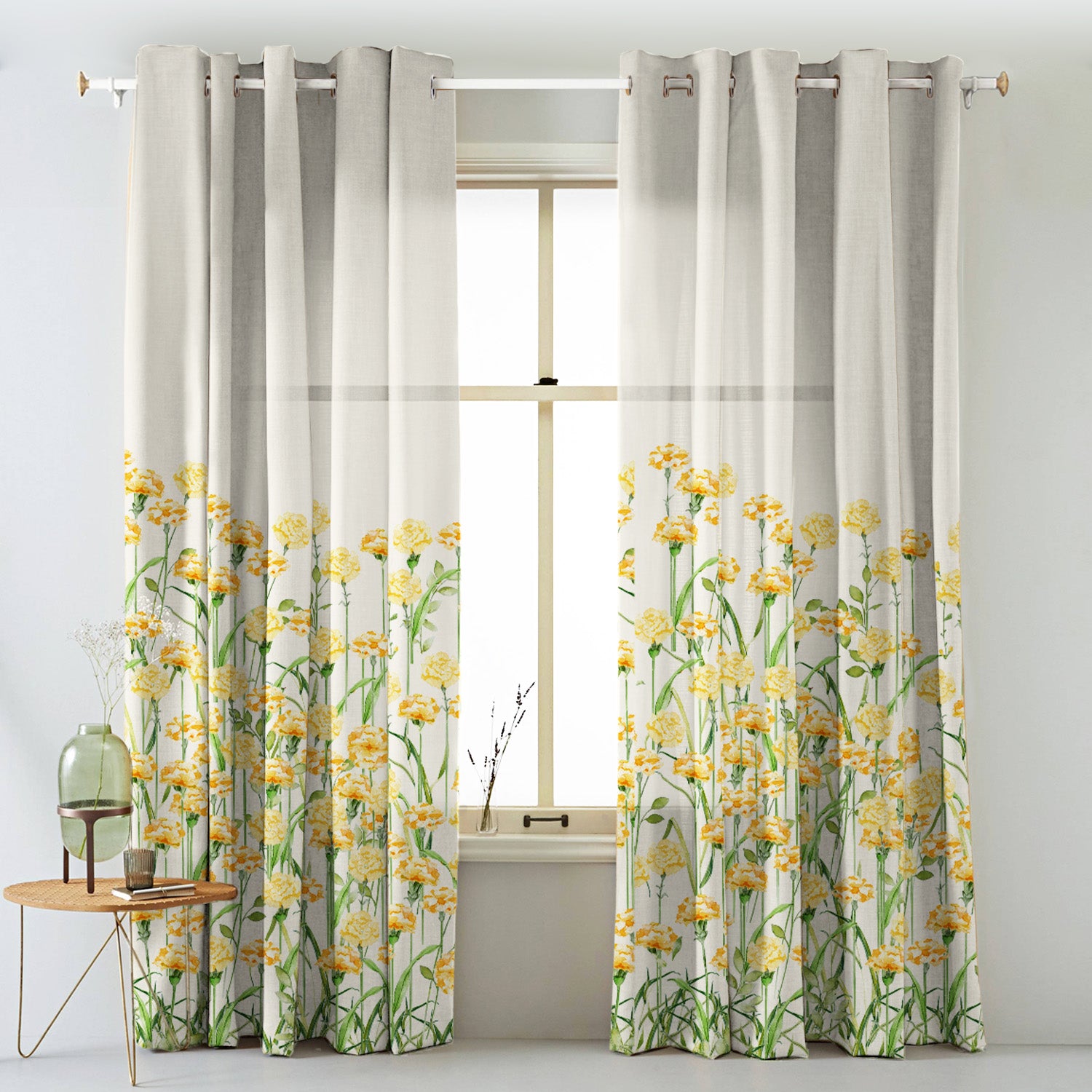 Sun-kissed Marigold Floral Linen Sheer Curtain Set Of 2 DS554