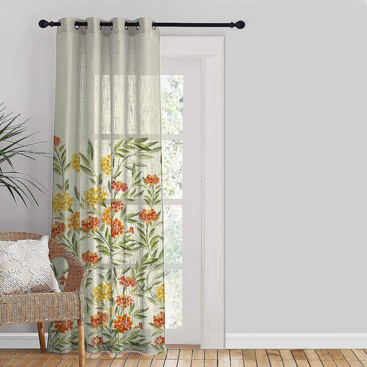 Sun-kissed Marigold Floral Linen Sheer Curtain Set Of 2 DS554