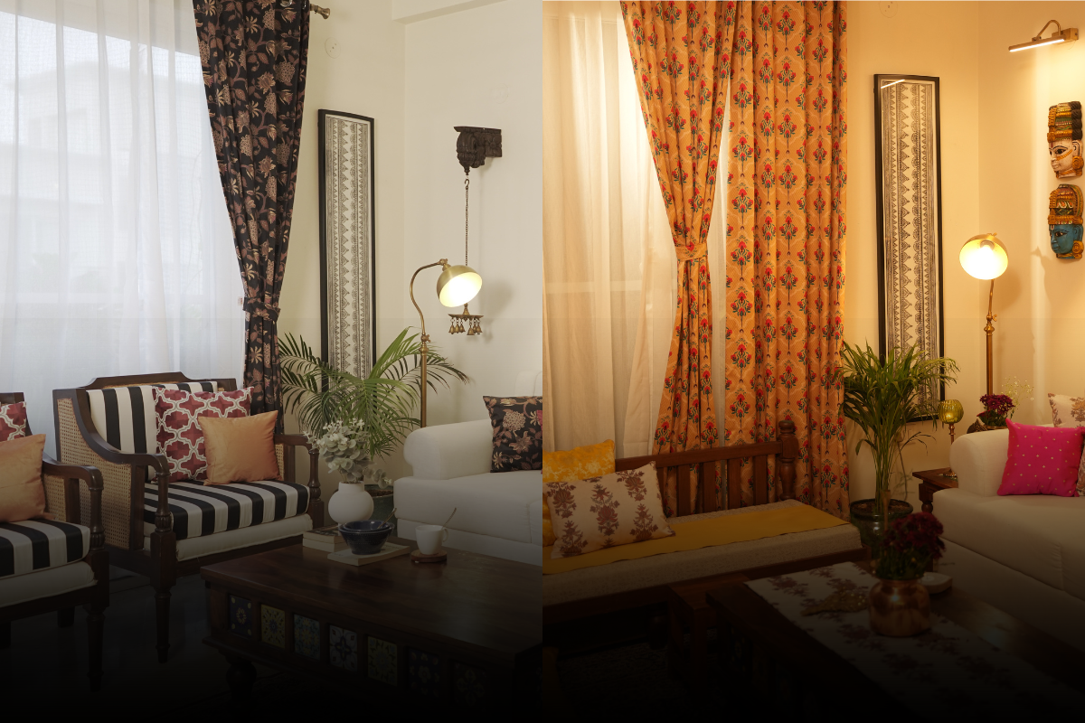 Before and after of festive home makeover with floral blackout curtains and vibrant living room decor