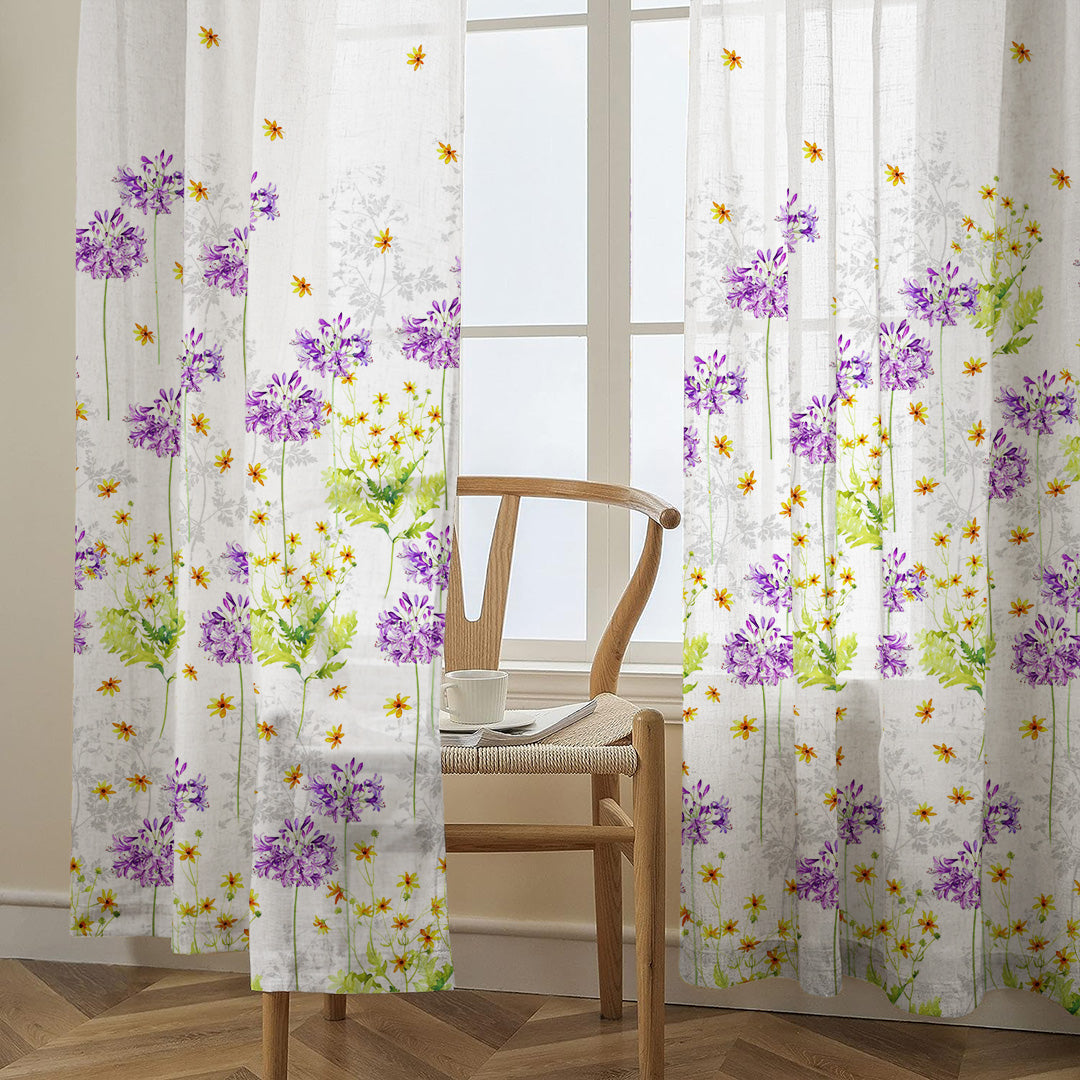 Sun-kissed Marigold Floral Linen Sheer Curtain Set Of 2 DS554