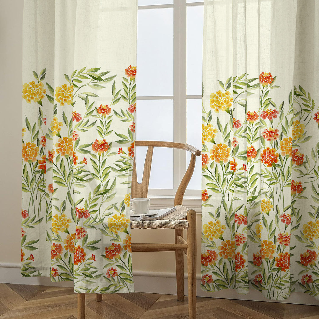 Sun-kissed Marigold Floral Linen Sheer Curtain Set Of 2 DS554