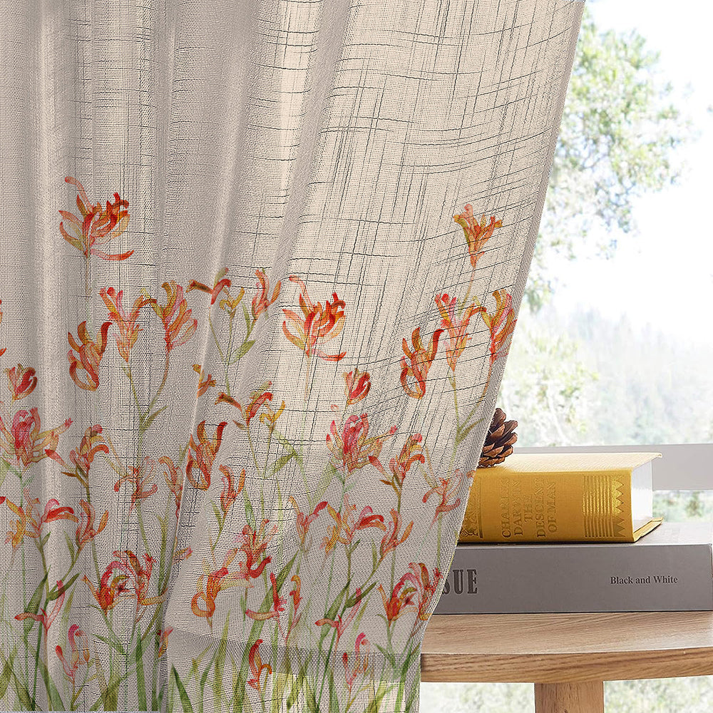 Petal Whispers Floral Linen Sheer Curtain Set Of 2 DS555 – Spaces